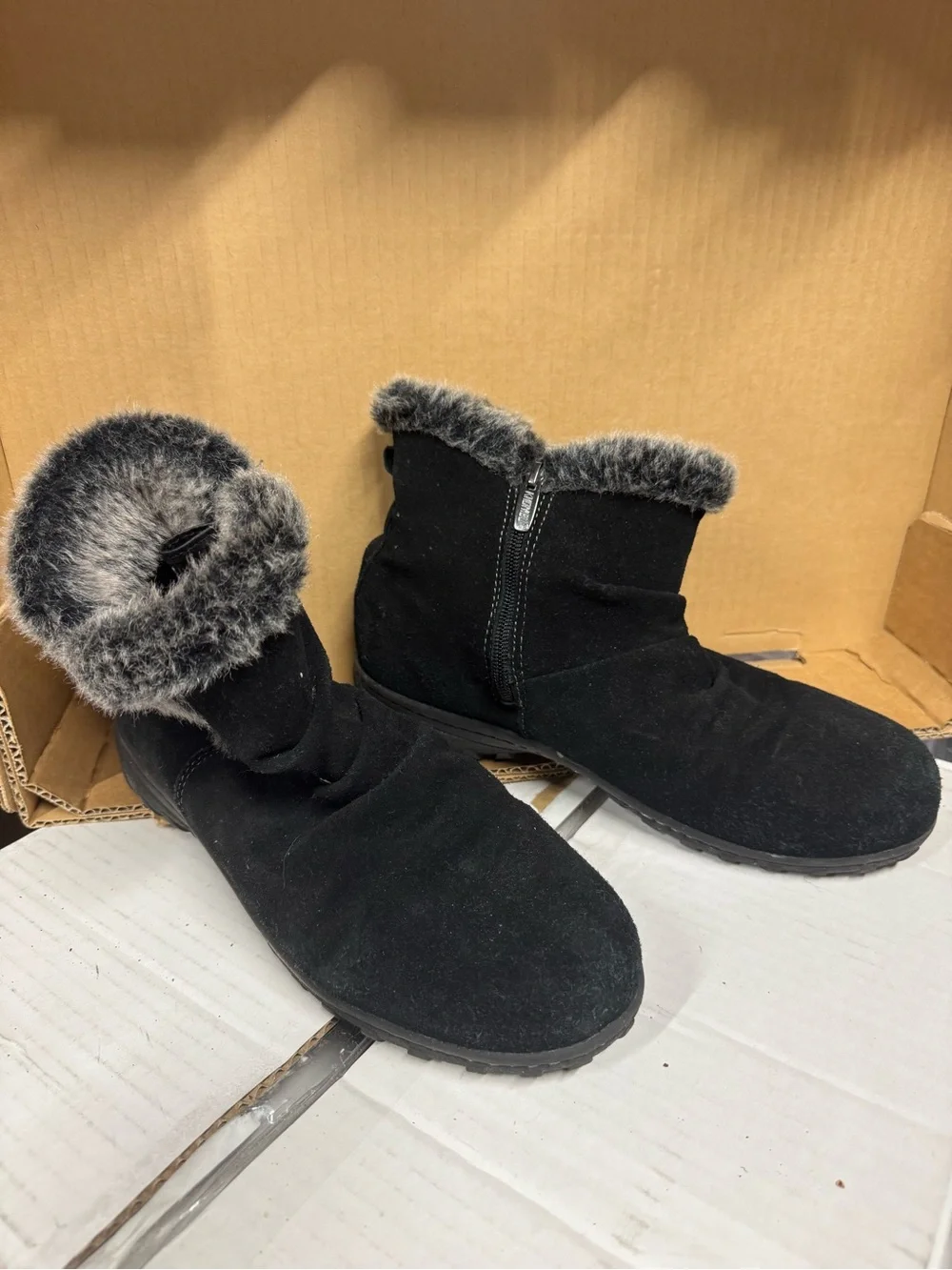 Women's Black Faux-Fur Trim Suede Leather Ankle Boots